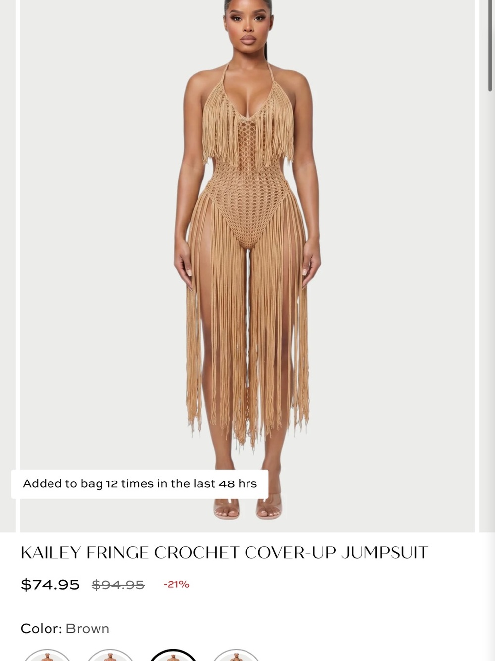 Fringed Crochet Halter Jumpsuit - Brown